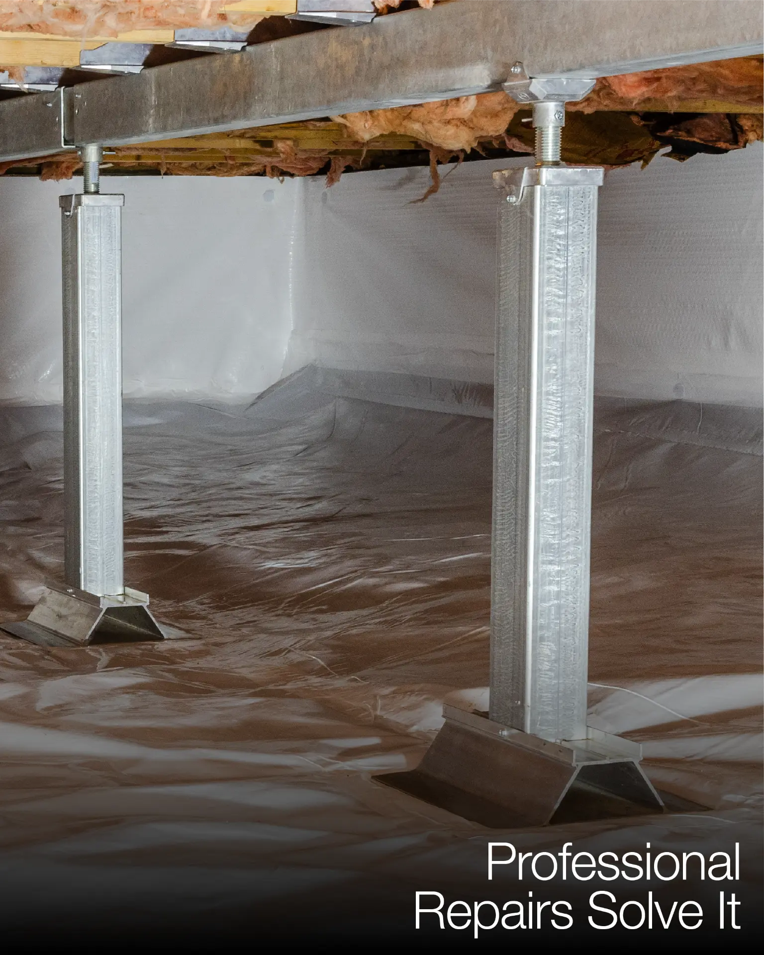 Galvanized adjustable support jacks on footings in an encapsulated crawl space