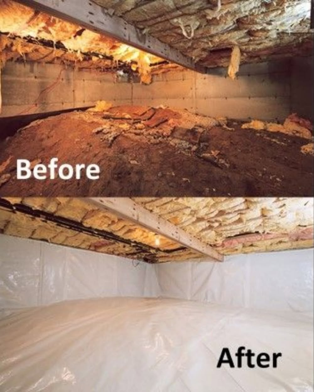 Before and after crawl space encapsulation: bare dirt floor versus sealed white vapor barrier
