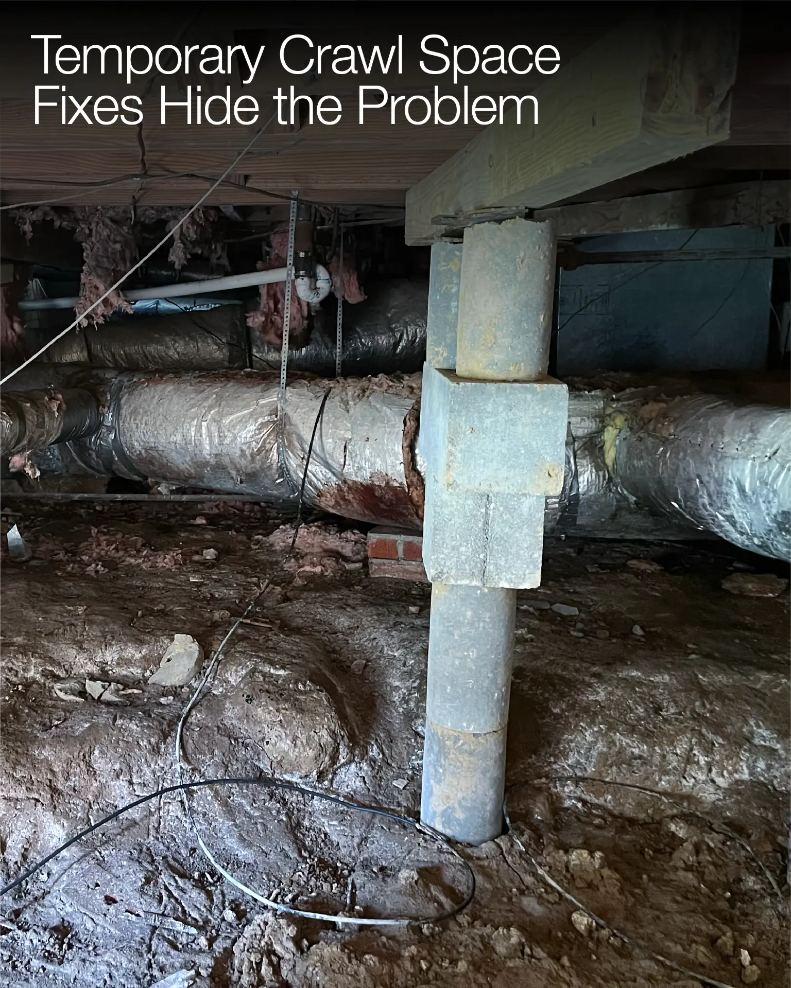 Damp crawl space with stacked block supports beneath insulated ductwork
